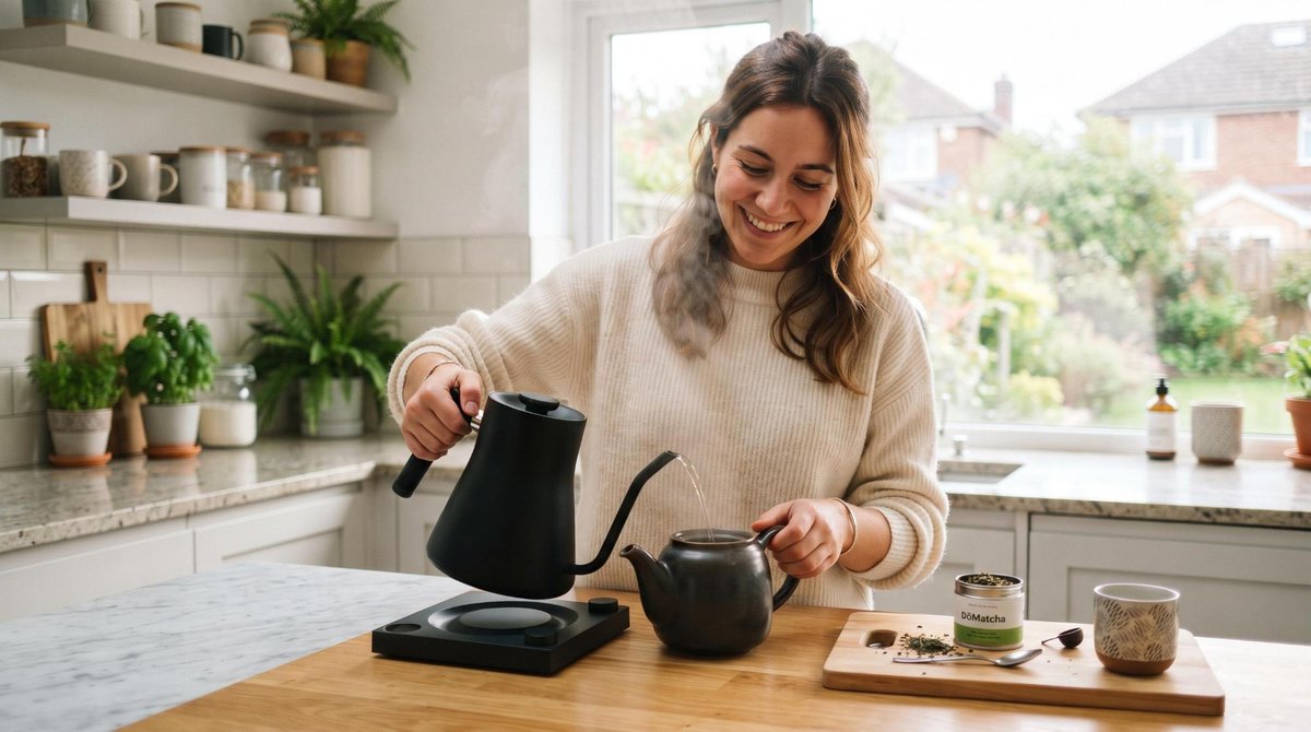 Como sugerir presentes úteis em datas comemorativas sem perder o toque pessoal 2 Uma pessoa utilizando um presente funcional no cotidiano, como uma chaleira elétrica elegante em uma cozinha moderna e clara, com expressão de satisfa