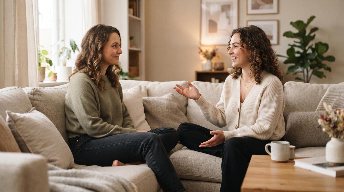 Como sugerir presentes úteis em datas comemorativas sem perder o toque pessoal 3 Duas pessoas conversando casualmente em um sofá confortável em uma sala de estar com tons neutros, uma delas prestando atenção atenta enquanto a outra