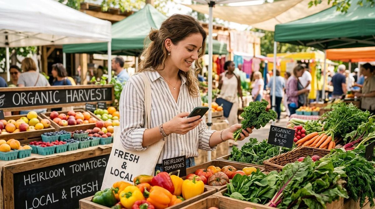 Pessoa analisando produtos em uma feira local enquanto segura o celular para realizar um pagamento via Pix