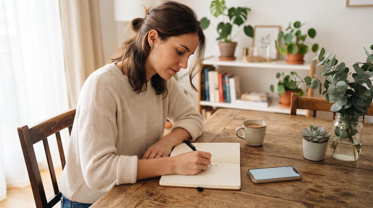 Pessoa sentada à mesa de madeira em casa com caderno de anotações aberto e smartphone ao lado, planejando compras enquanto observa uma lista organizad