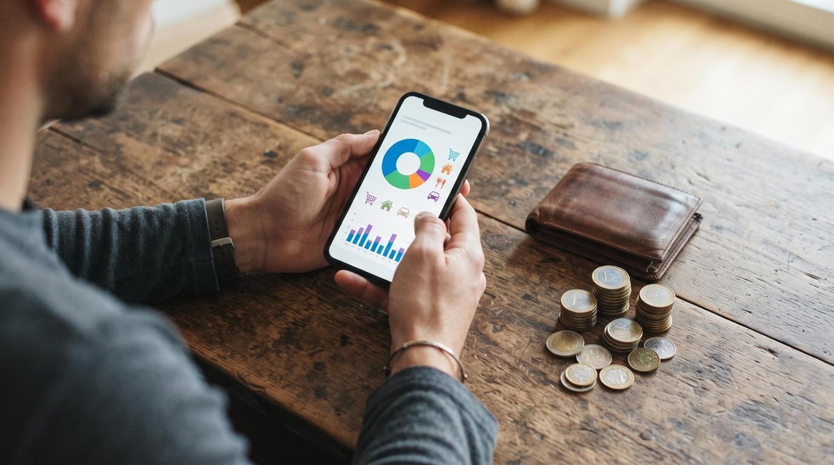 Mãos segurando um smartphone que exibe um aplicativo de pagamentos com gráficos de gastos categorizados, sobre uma superfície de madeira rústica com c