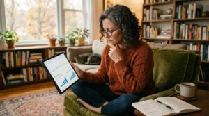 Rendimentos financeiros são tributados: o que saber antes de investir seu dinheiro 2 Pessoa de óculos analisando gráficos em tablet enquanto senta no sofá com caderno e caneta ao lado