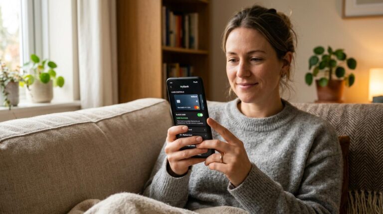 Pessoa segurando o celular e acessando a seção de cartões no aplicativo do banco para bloquear o cartão de débito