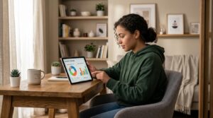 Como calcular o quanto vou gastar no cartão mensalmente e organizar seu orçamento 3 Pessoa usando tablet com gráficos financeiros em mesa de madeira, ao lado de caneca e planta