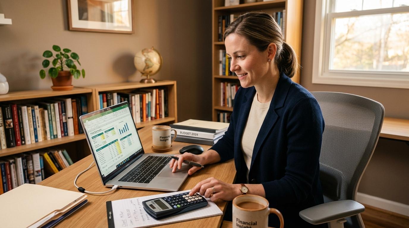 Pessoa usando calculadora e laptop com gráficos financeiros em uma mesa de escritório
