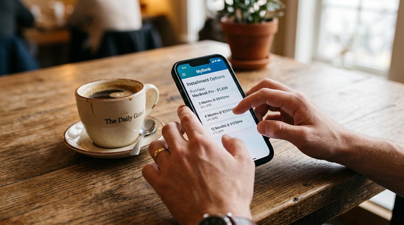 Pessoa usando smartphone para ver opções de parcelamento de compra ao lado de xícara de café em mesa de madeira
