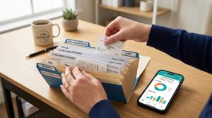Como calcular o quanto vou gastar no cartão mensalmente e organizar seu orçamento 2 Pessoa organizando recibos e faturas em um arquivo de mesa ao lado de um smartphone exibindo gráficos financeiros