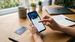 Como bloquear cartão de débito pelo aplicativo em caso de perda ou roubo 2 Pessoa usando aplicativo bancário no celular para congelar cartão de crédito sobre mesa de madeira