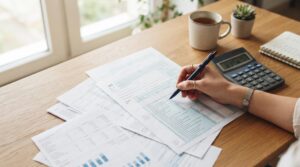 Rendimentos financeiros são tributados: o que saber antes de investir seu dinheiro 3 Pessoa escrevendo em documentos financeiros sobre mesa de madeira com calculadora e caneca ao lado