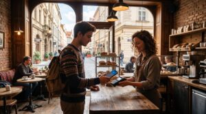 Cartões digitais aceitam gastar em outros países? O que saber antes de viajar 3 Um viajante realiza uma compra em uma cafeteria internacional usando um smartphone com cartão digital, em um ambiente acolhedor com arquitetura típica