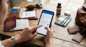 Cartões digitais aceitam gastar em outros países? O que saber antes de viajar 2 Mãos de uma pessoa navegando em um aplicativo bancário no celular para verificar configurações de compras internacionais, com passaporte e itens de vi