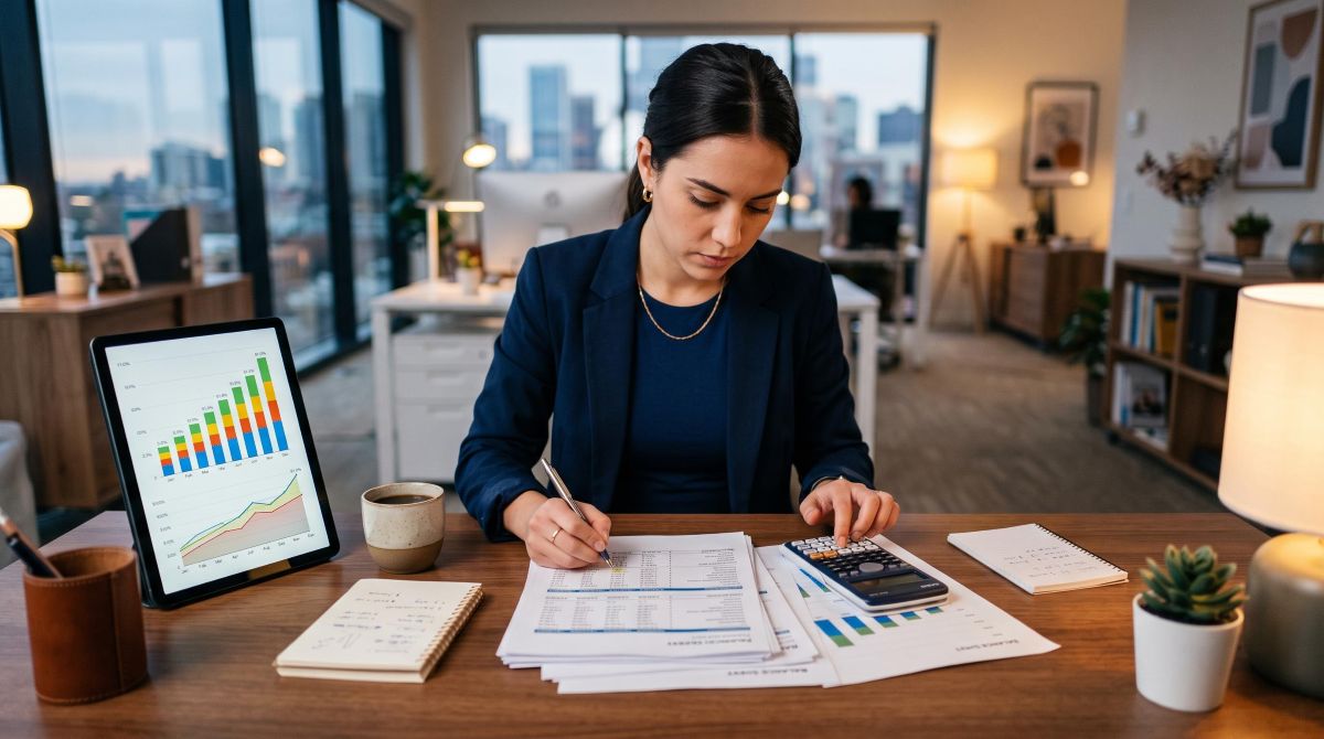 Uma pessoa concentrada revisando documentos financeiros e uma calculadora sobre uma mesa de trabalho organizada, com gráficos de projeção