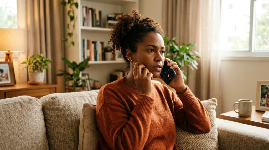 O que fazer se perder o celular com a carteira digital cadastrada 3 Pessoa segurando um smartphone moderno enquanto fala ao telefone para bloquear contas, sentada em um sofá em um ambiente doméstico com tons quentes e
