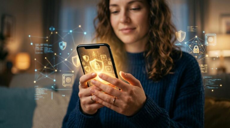 Pessoa segurando celular e verificando saldo em carteira digital com autenticação biométrica