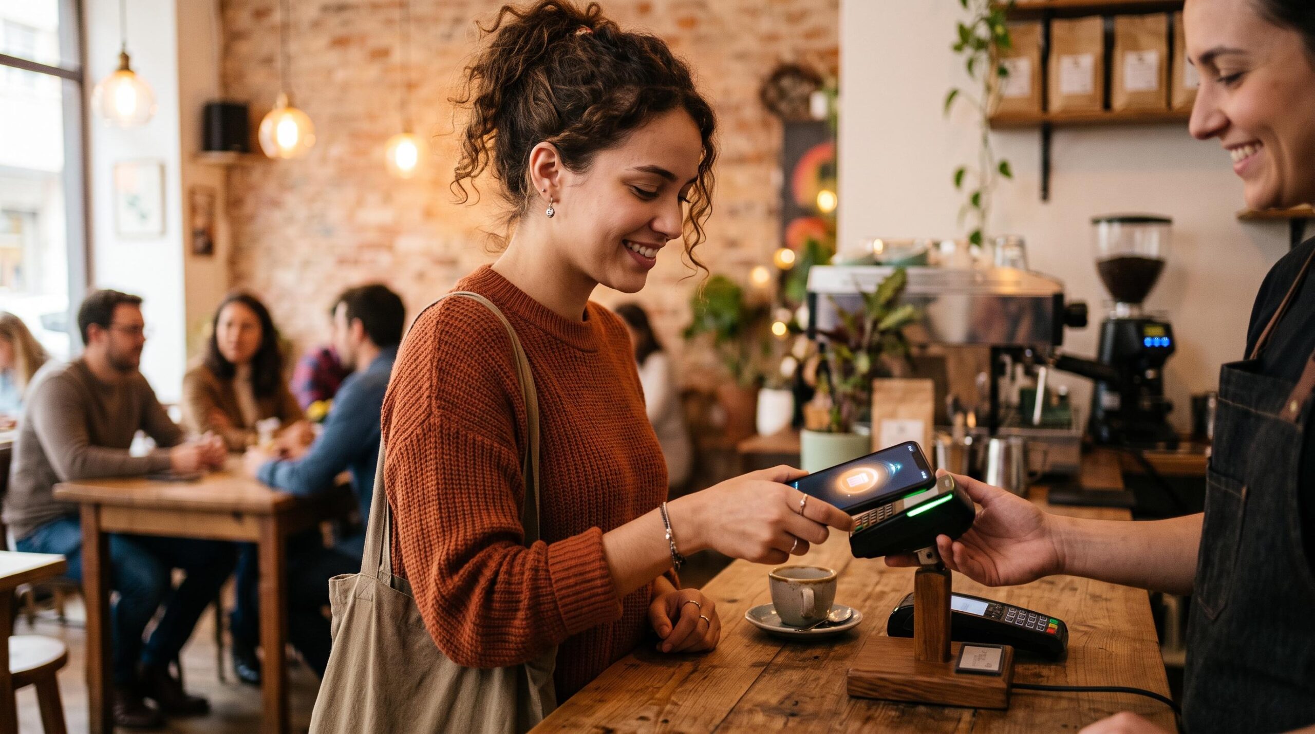 Pessoa aproximando o celular de uma maquininha de pagamento para realizar uma transação por NFC sem conexão com a internet