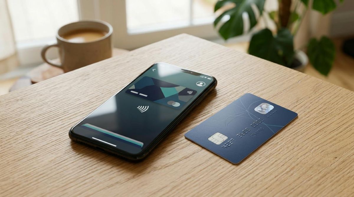 Tecnologia NFC: como funciona nos pagamentos pelo celular 2 Smartphone moderno posicionado sobre uma mesa de madeira clara com a tela iluminada exibindo uma carteira digital aberta, ao lado de um cartão físico
