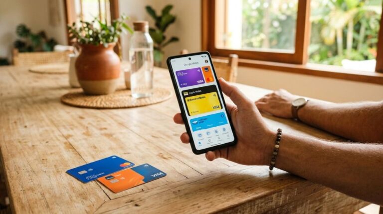 Pessoa comparando opções de carteiras digitais no celular antes de fazer um pagamento por aproximação