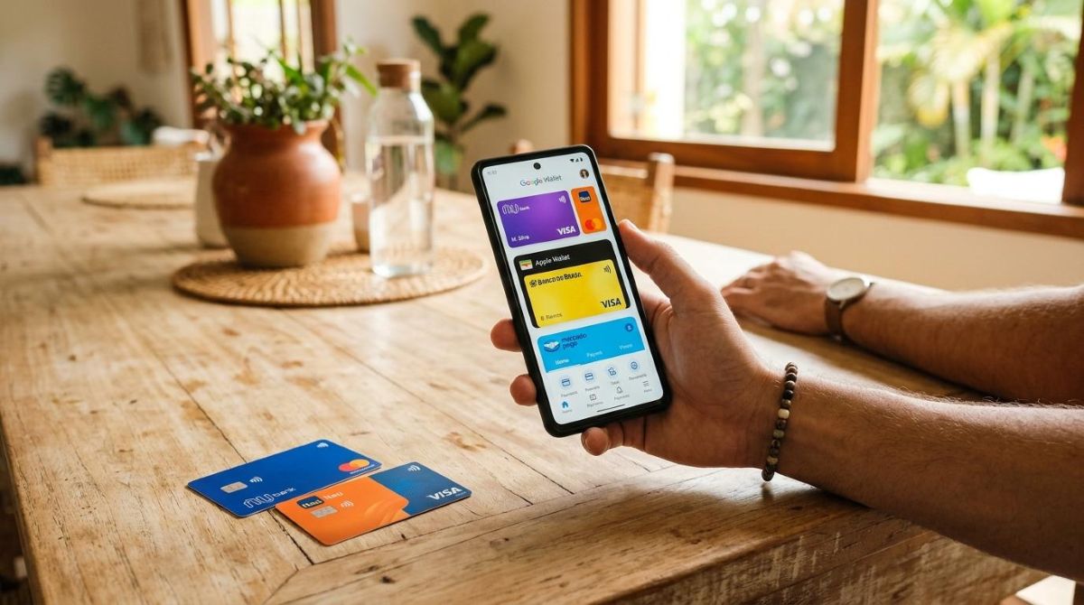 Pessoa comparando opções de carteiras digitais no celular antes de fazer um pagamento por aproximação