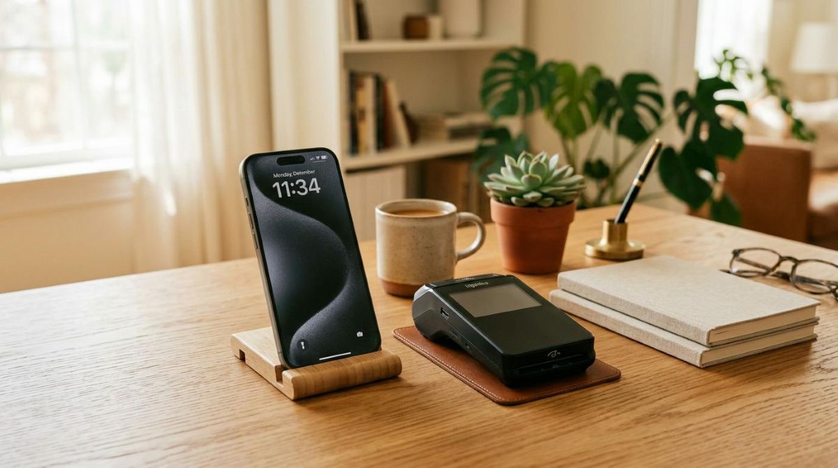 Como adicionar um cartão à carteira digital: guia completo passo a passo 3 Smartphone moderno apoiado sobre uma mesa de trabalho organizada, próximo a um terminal de pagamento, com luz natural quente iluminando a cena