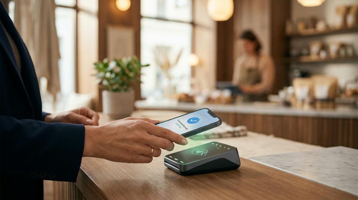 Pessoa segurando um smartphone próximo a um terminal de pagamento para realizar uma compra por aproximação