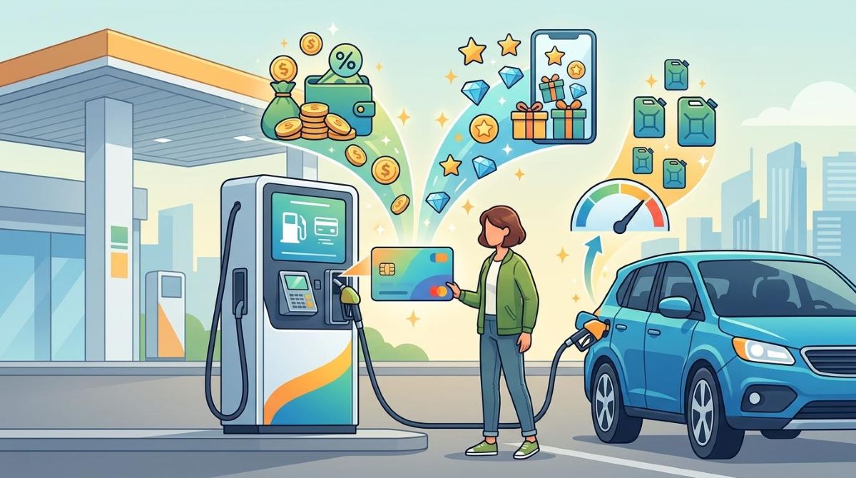 Como economizar em combustível usando cartão de crédito: estratégias que vão além do cashback 2 Pessoa usando cartão de crédito em posto de gasolina com carro azul sendo abastecido