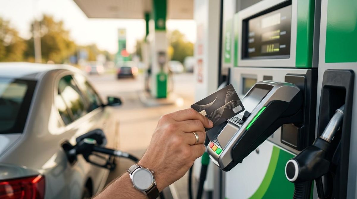 Pessoa aproximando cartão de crédito da maquininha em posto de combustível durante abastecimento