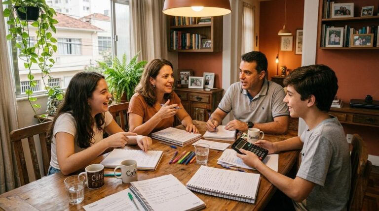 Família reunida em torno de uma mesa revisando anotações de gastos e planejamento financeiro juntos