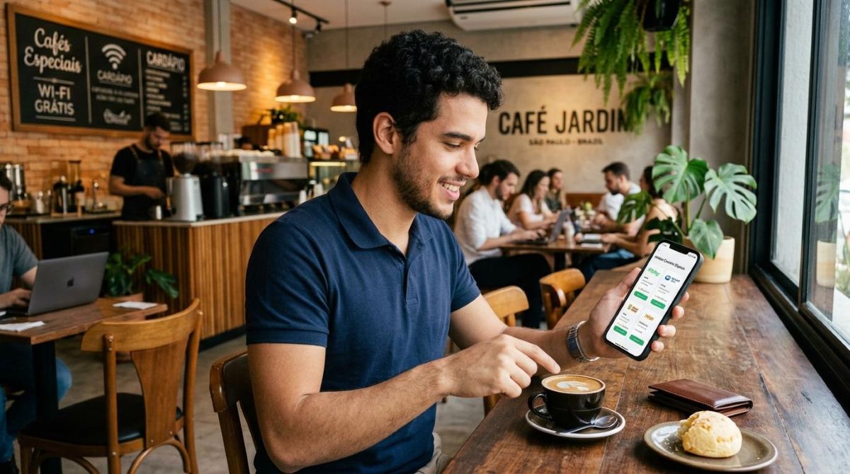 Carteiras digitais: qual escolher em 2026 para o seu perfil de uso no Brasil 2 Pessoa sorrindo ao usar aplicativo de pagamento no celular durante café em cafeteria