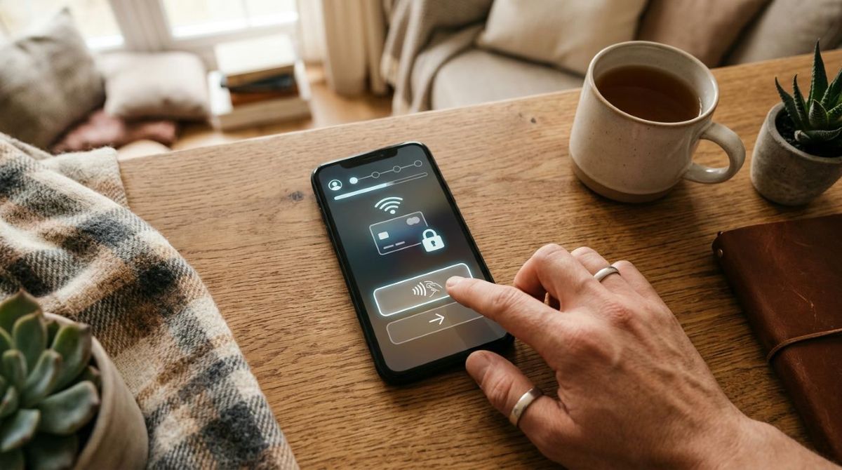 Tecnologia NFC: como funciona nos pagamentos pelo celular 3 Visão de cima de um smartphone sendo configurado em um ambiente doméstico aconchegante, com a tela mostrando a opção de pagamentos por aproximação