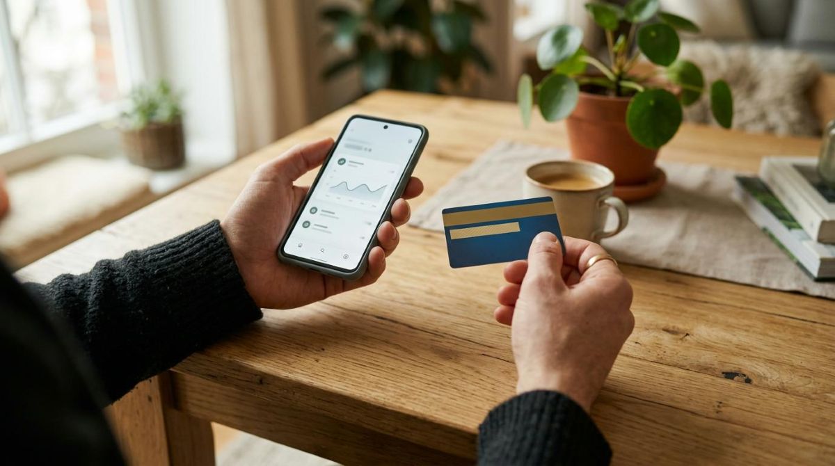 Como adicionar um cartão à carteira digital: guia completo passo a passo 2 Pessoa segurando um smartphone com uma mão e um cartão de crédito com a outra, sobre uma mesa de madeira clara, com luz natural suave