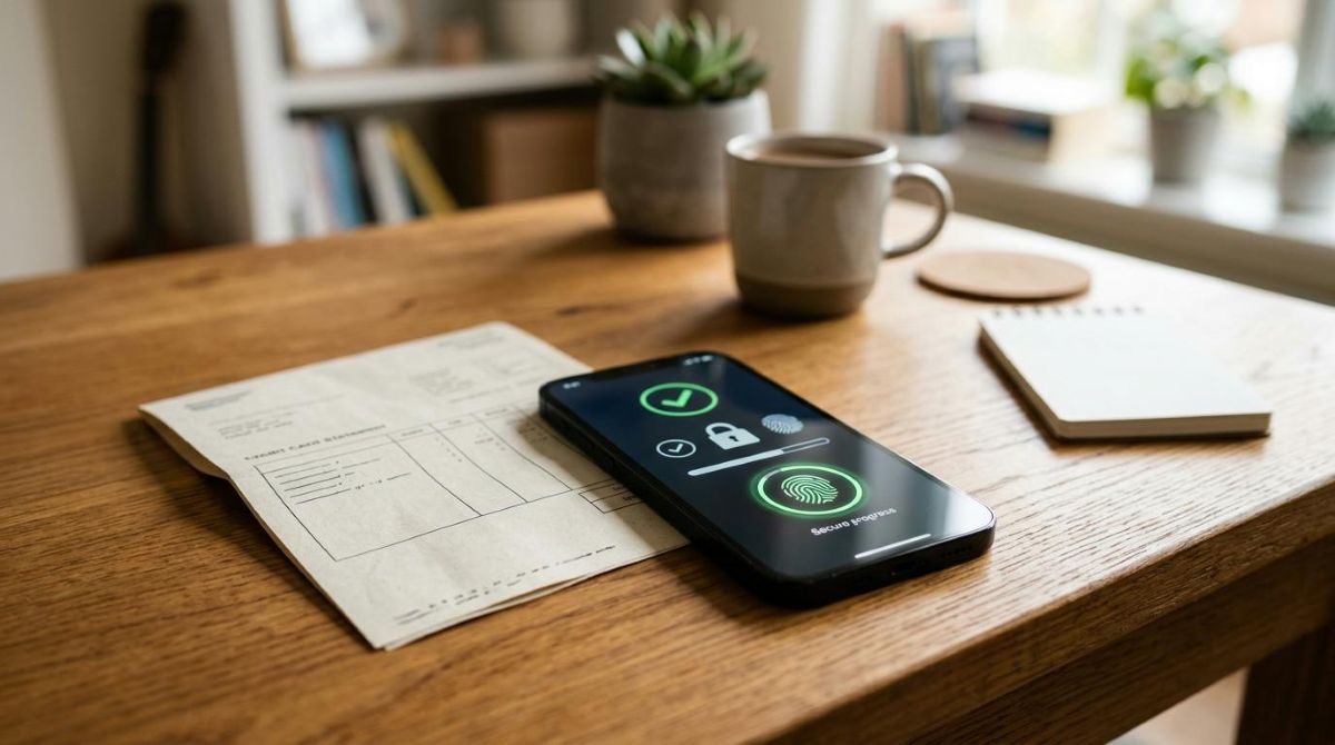 Como usar carteira digital em compras em sites estrangeiros com segurança 3 Close-up de um smartphone sobre uma mesa com fatura de cartão de crédito internacional, destacando a tela de confirmação de compra com autenticação