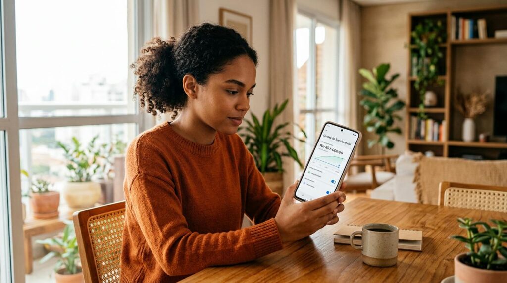 Pessoa brasileira jovem concentrada consultando os limites de transferência em um aplicativo de carteira digital no celular, sentada em um ambiente do