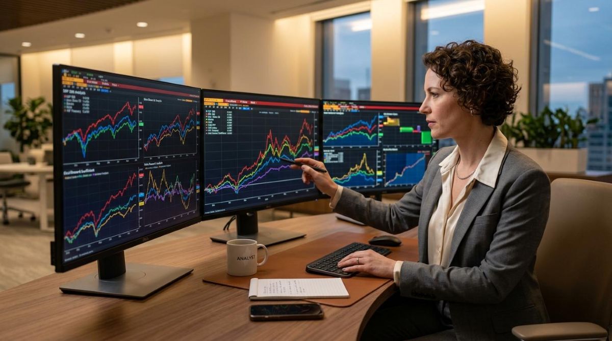 Pessoa apontando para gráficos financeiros em três monitores grandes em uma mesa de escritório
