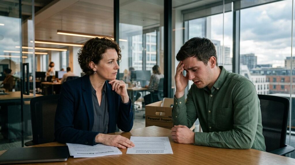 Profissional de recursos humanos em conversa séria com funcionário em ambiente corporativo moderno, representando o momento da demissão sem justa caus