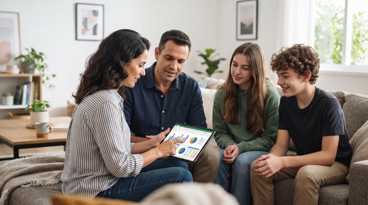 Como poupar dinheiro em família passo a passo: um guia para todas as idades participarem 3 Quatro pessoas sentadas em um sofá observando gráficos de finanças em um tablet