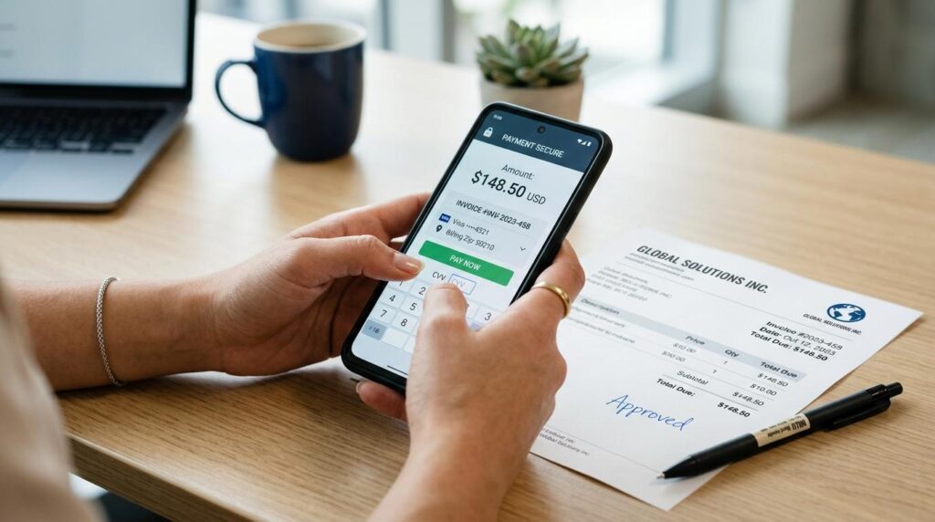 Close-up das mãos de uma pessoa digitando em um smartphone com tela visível mostrando uma interface de pagamentos, com um boleto de papel e uma caneta