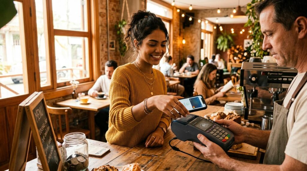 Carteira digital vs conta bancária tradicional: qual escolher no Brasil 2 Pessoa fazendo pagamento por aproximação com o celular em uma máquina de cartão em uma cafeteria brasileira aconchegante, com luz quente entrando pela