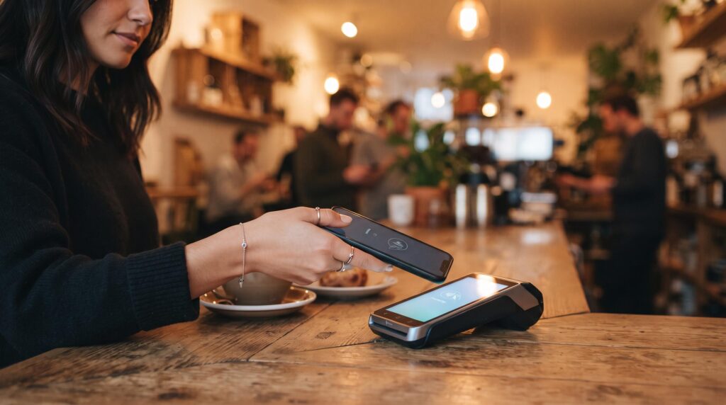 O que é uma carteira digital e como funciona no dia a dia 2 Uma mão realizando um pagamento por aproximação com smartphone em uma maquininha de cartão em um estabelecimento comercial moderno, com iluminação sua