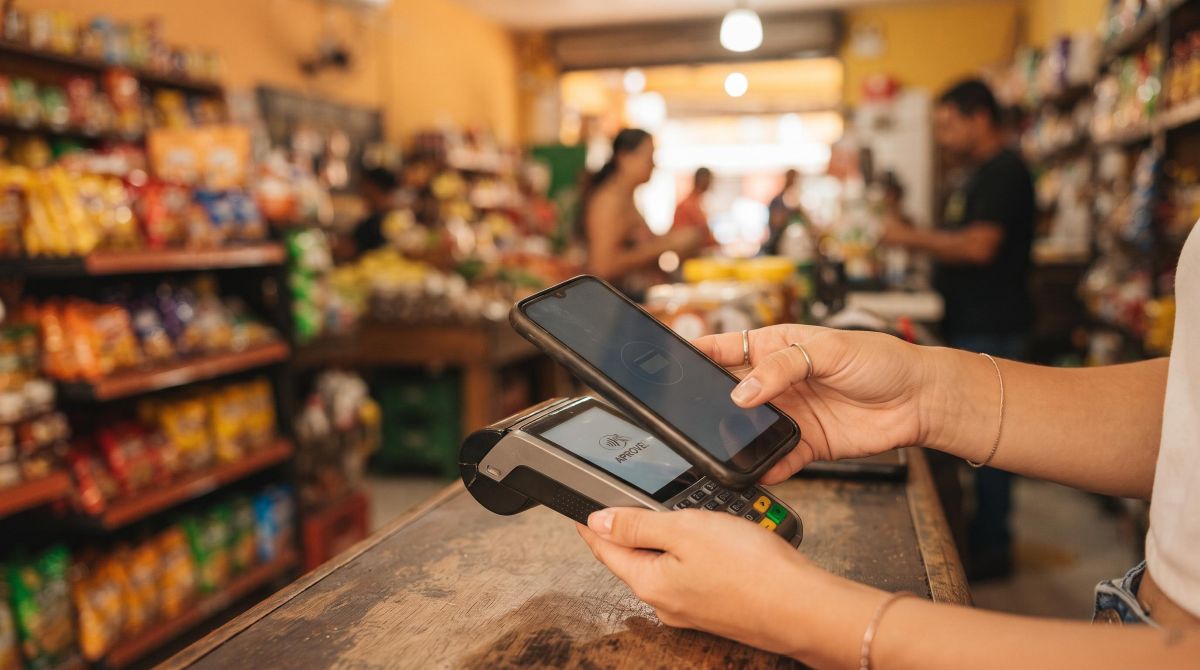 Carteiras digitais: qual escolher em 2026 para o seu perfil de uso no Brasil 3 Pessoa segurando celular e maquininha de cartão no balcão de uma loja com prateleiras cheias ao fundo
