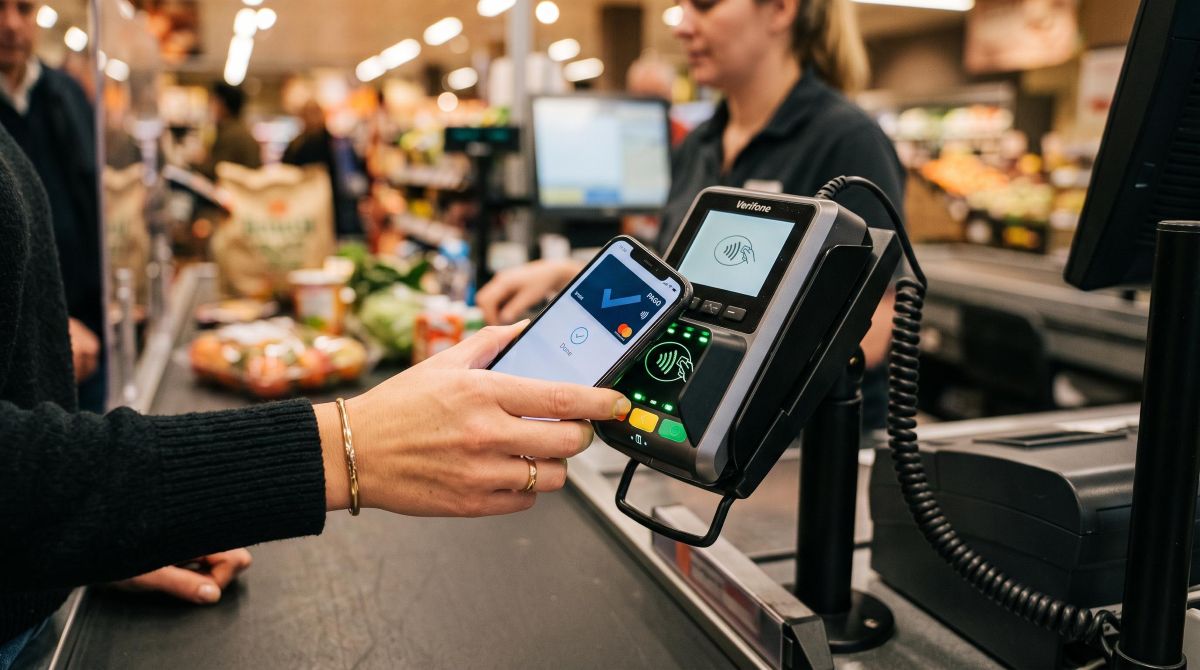 Mãos de uma mulher aproximando o smartphone de uma maquininha de pagamento em um caixa de supermercado, realizando um pagamento por aproximação via NF
