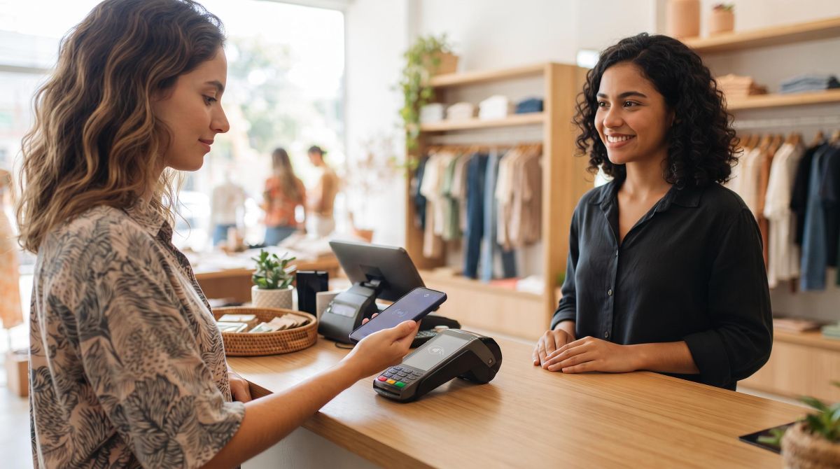 Um cliente realiza pagamento por aproximação com o celular em um terminal de ponto de venda em uma loja brasileira moderna, com o vendedor aguardando