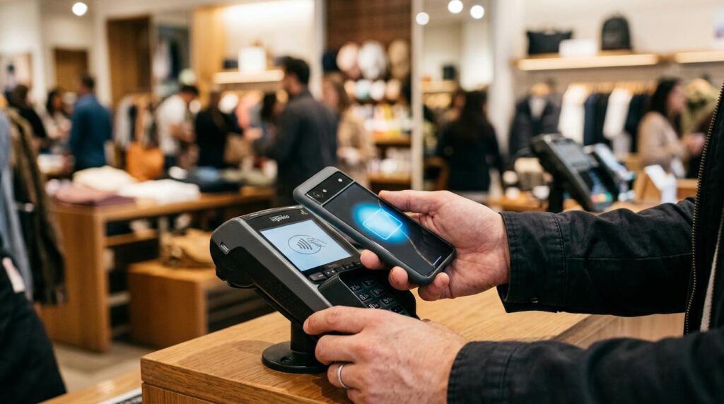Close-up das mãos de uma pessoa segurando um smartphone próximo a um terminal de pagamento em um estabelecimento comercial, com o foco no aparelho e u