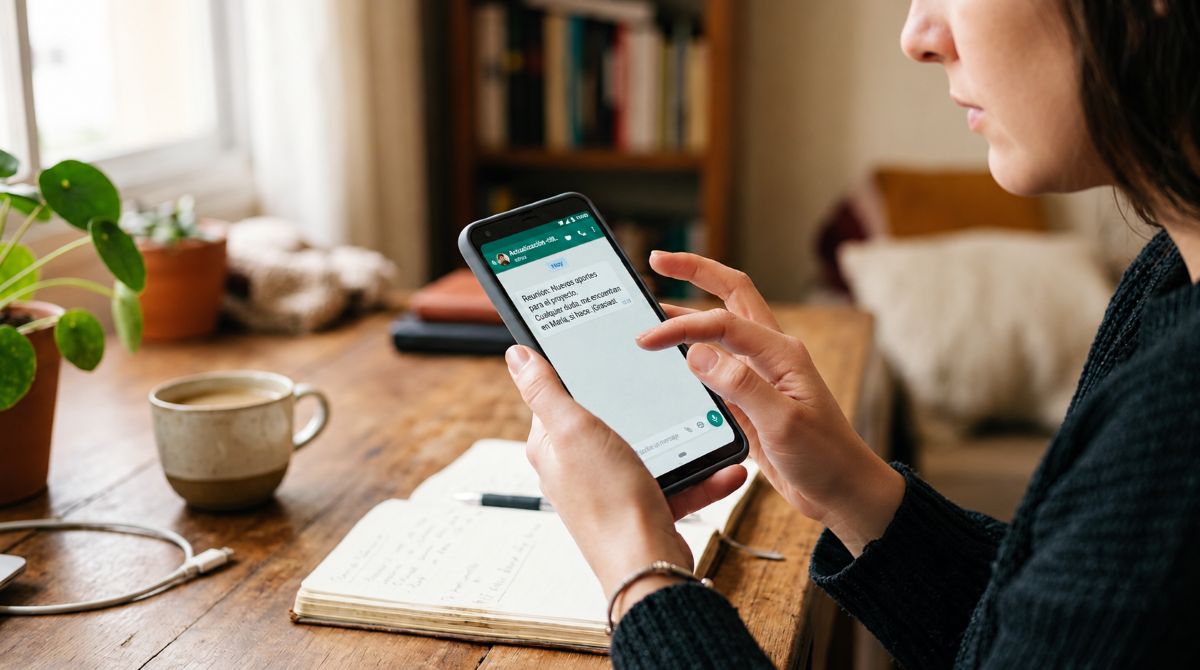 Como proteger sua carteira digital de golpes e manter seu dinheiro seguro 3 Mãos recebendo mensagem suspeita no WhatsApp em um smartphone sobre uma mesa de trabalho, com expressão de cautela ao analisar um link recebido