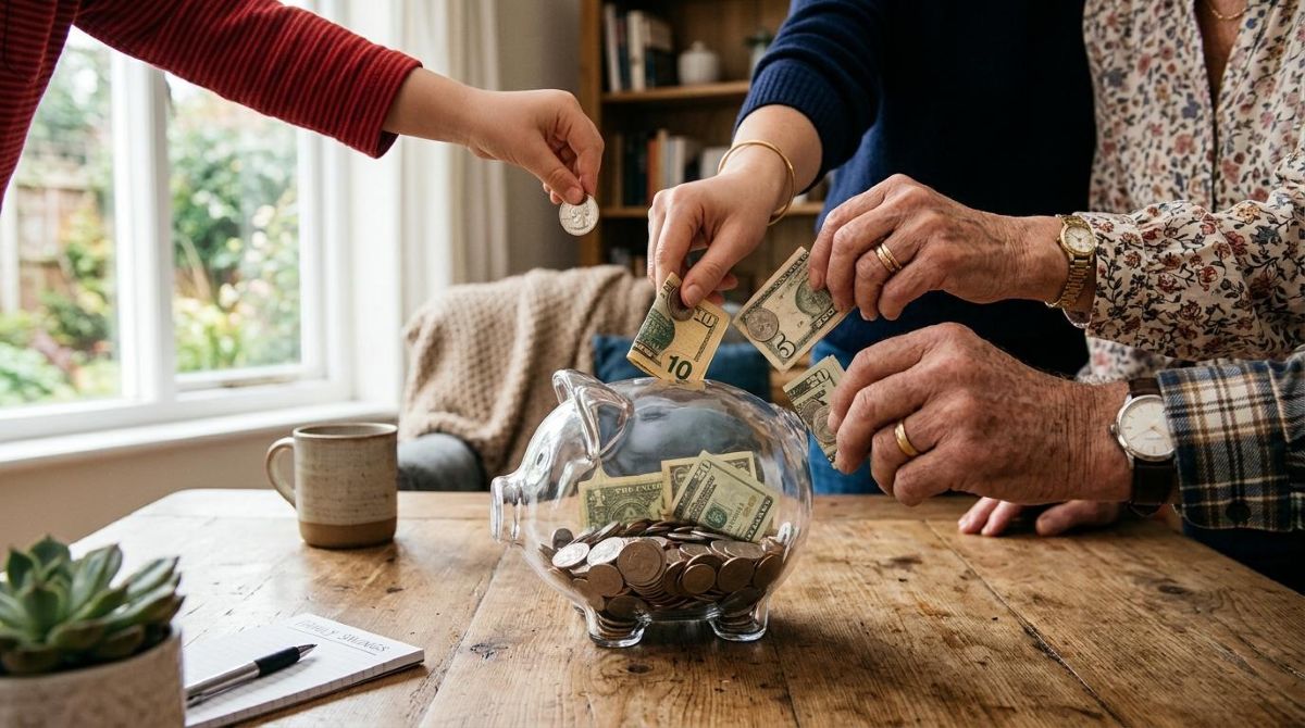 Como poupar dinheiro em família passo a passo: um guia para todas as idades participarem 2 Pessoas colocando moedas e cédulas dentro de um cofrinho de vidro sobre uma mesa de madeira rústica