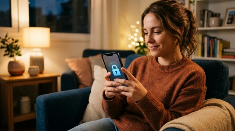 Pessoa segurando celular com app de carteira digital aberto enquanto verifica configurações de segurança