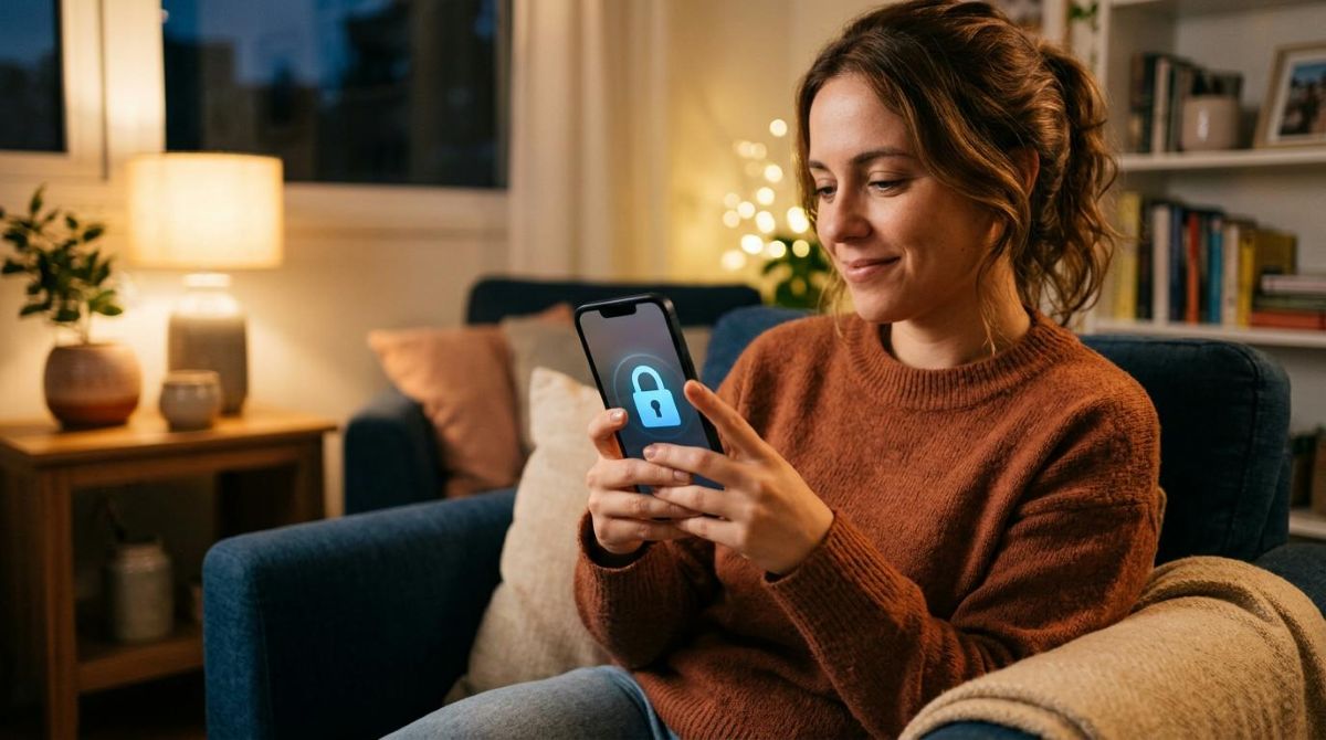 Pessoa segurando celular com app de carteira digital aberto enquanto verifica configurações de segurança