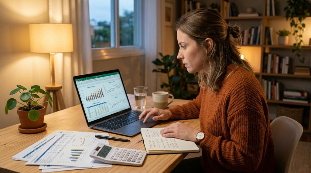 Carteiras digitais que rendem seu dinheiro: compare as melhores opções 3 Pessoa analisando gráficos financeiros em laptop, com calculadora e planilhas sobre a mesa, ambiente de trabalho organizado com tons quentes e ilumina