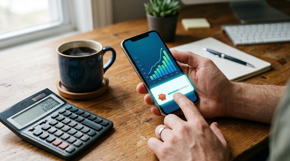 Como retirar dinheiro de um cofrinho antes de alcançar a meta no app do banco 2 Close-up das mãos de uma pessoa interagindo com um smartphone em uma mesa de trabalho, com o aplicativo de banco exibindo gráficos de rendimento
