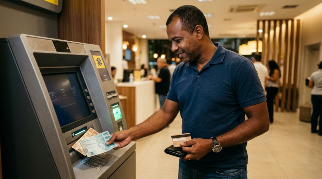 Adulto brasileiro sacando dinheiro físico em um caixa eletrônico moderno dentro de uma agência bancária, notas de reais sendo entregues pela máquina,
