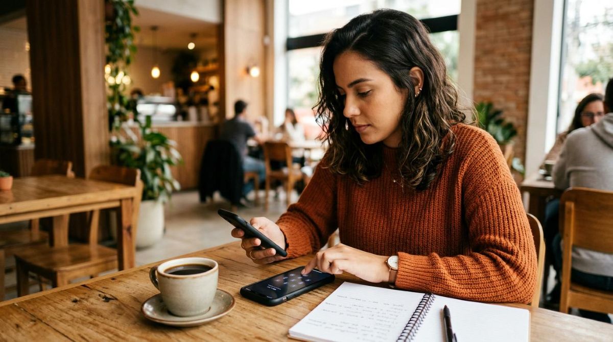 Como proteger sua carteira digital de golpes e manter seu dinheiro seguro 2 Brasileira concentrada digitando senha no smartphone sobre uma mesa de madeira com café e caderno ao lado, ambiente clean e moderno com tons quentes